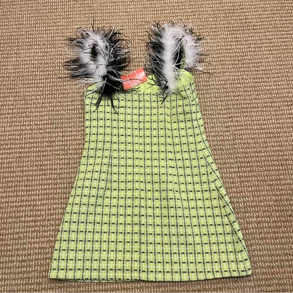 Queen of Sparkles Neon Lime Tweed Feather Strap Dress Medium NWT - Picture 10 of 10